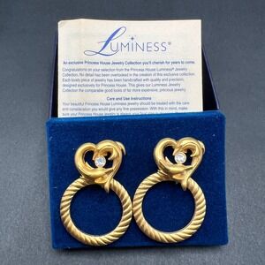 Vintage Door Knocker Earrings Gold Dolphin Heart Crystal Luminess Princess House